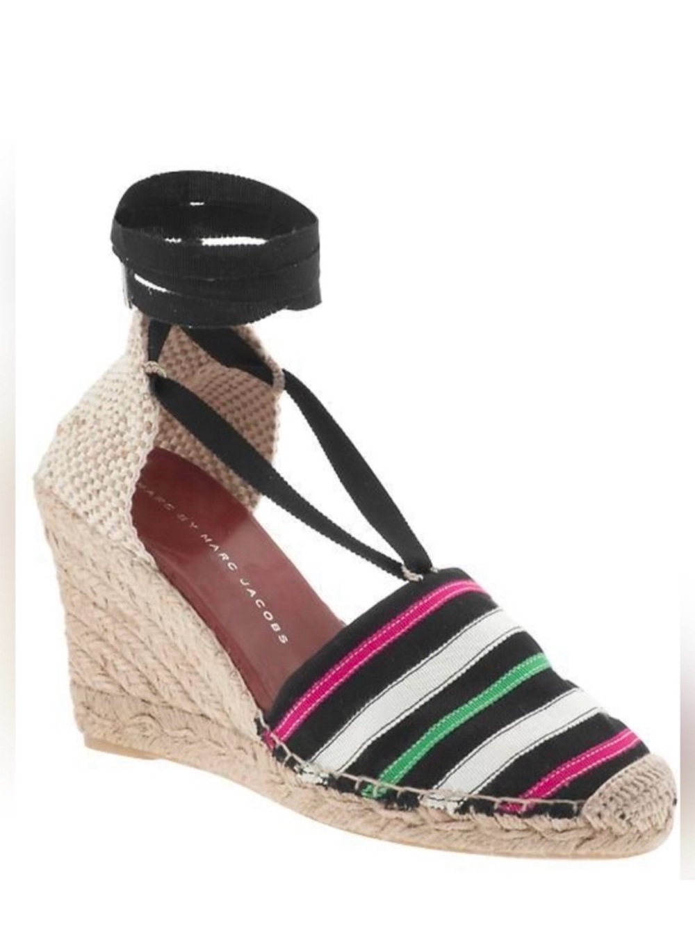 Marc Jacobs Black Striped Espadrille Wedges with Pink and Green Stripes - Picture 10 of 10